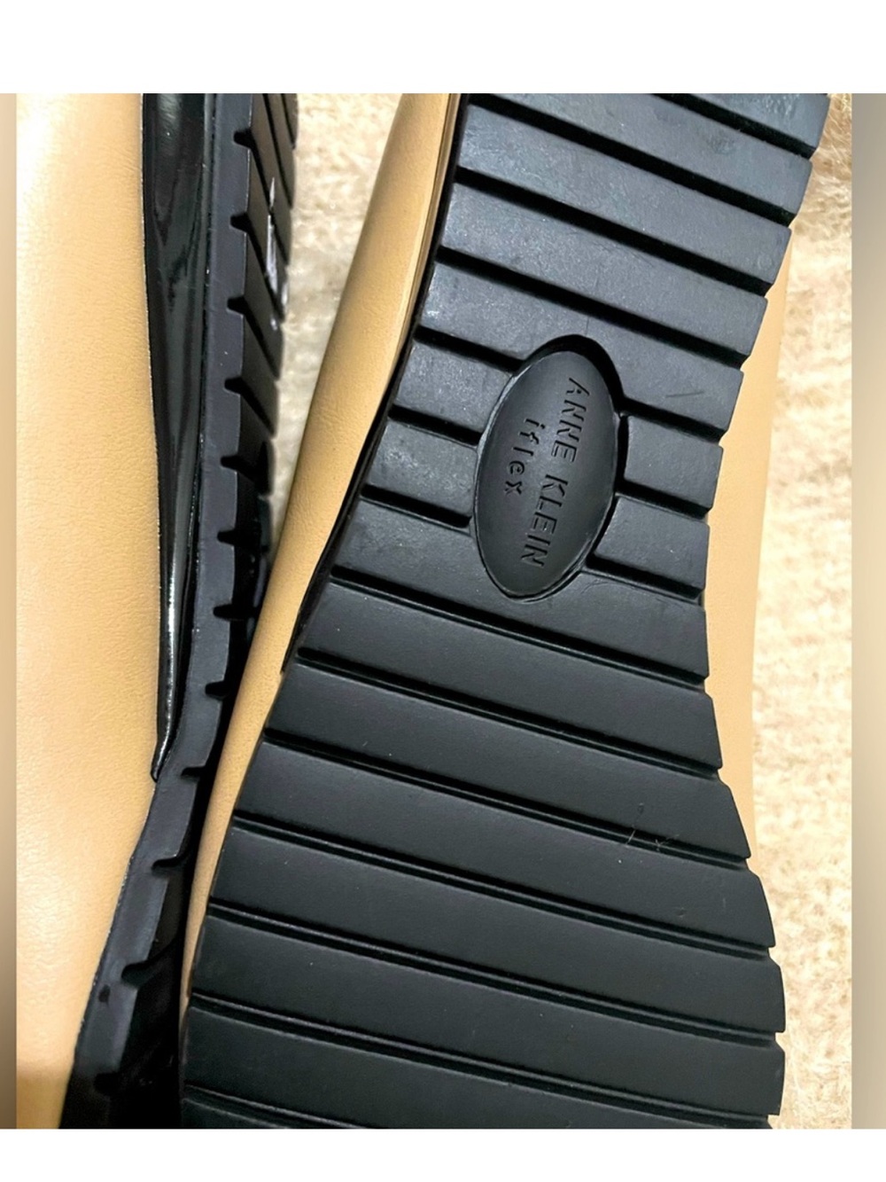Anne Klein Two-Tone Beige and Black Cap-Toe Flats with Bow - Picture 2 of 4
